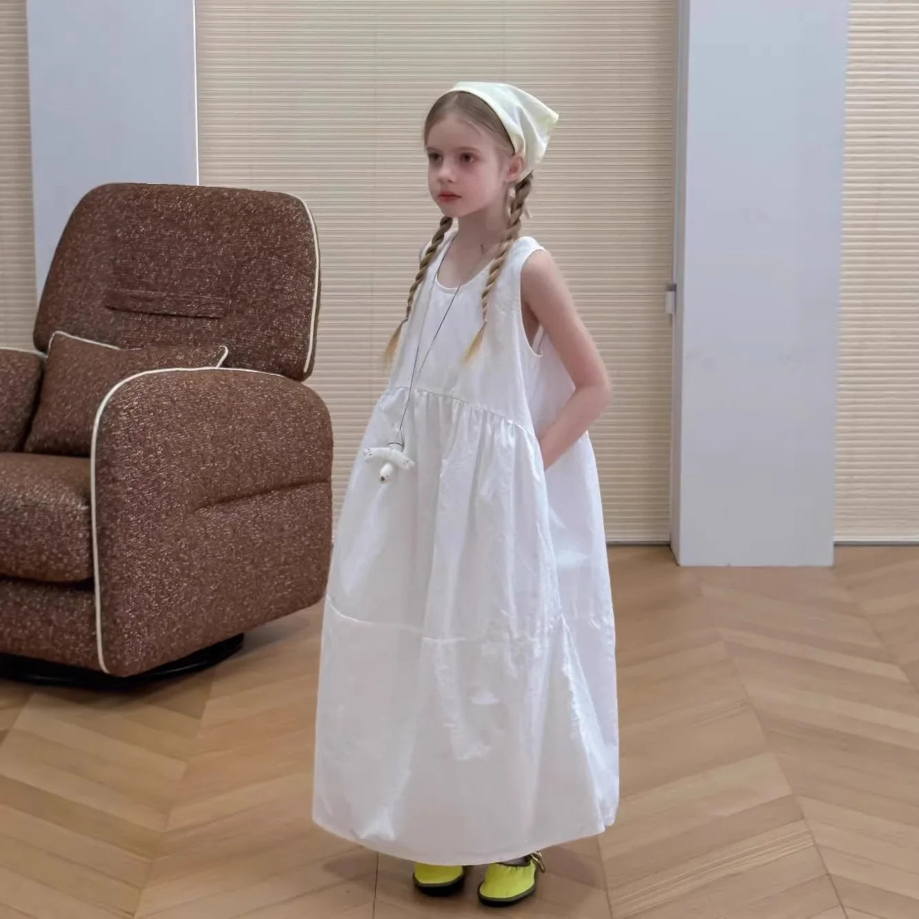 Girls White Cotton Dress 2026 Summer New Children Casual Wear Sleeveless Vest Medium and Long Dress
