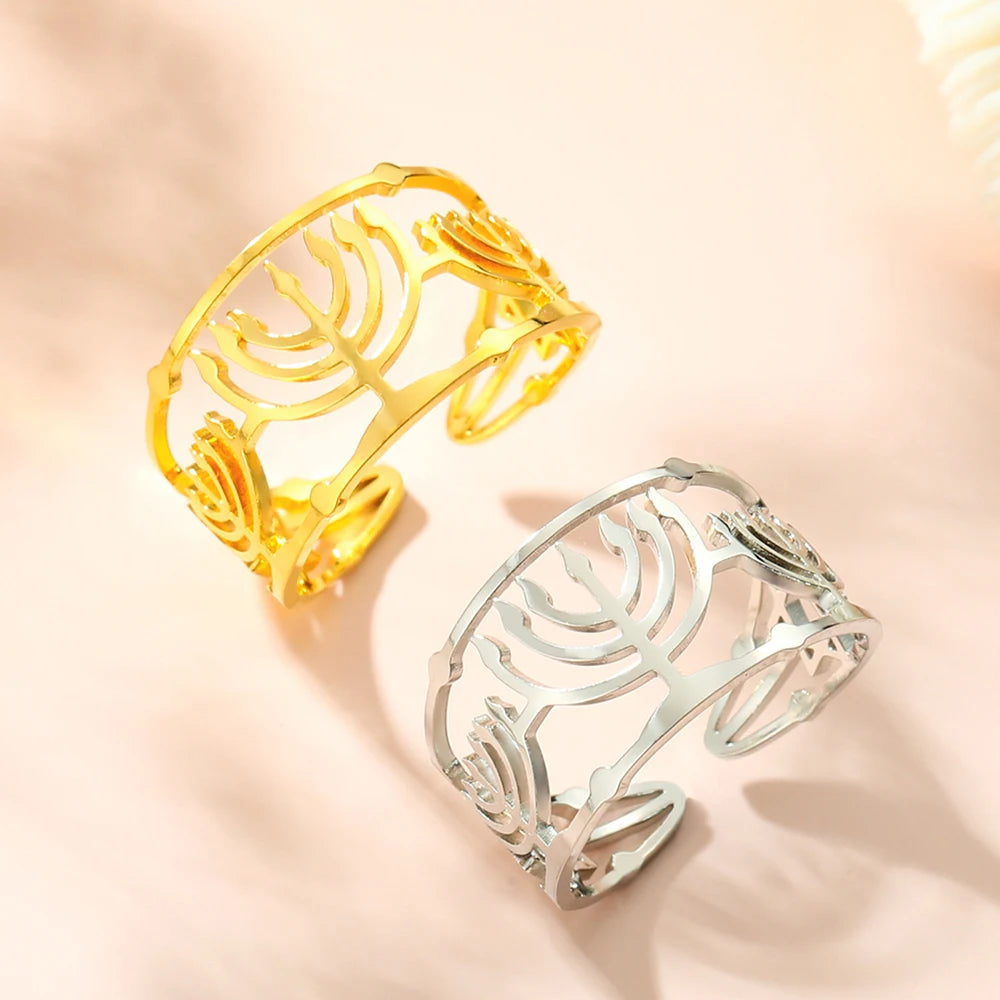 Dawapara Jewish Menorah Ring Jerusalem Symbol Hanukkah Chanukah Gift Judaic Jewelry Stainless Steel Adjustable Rings