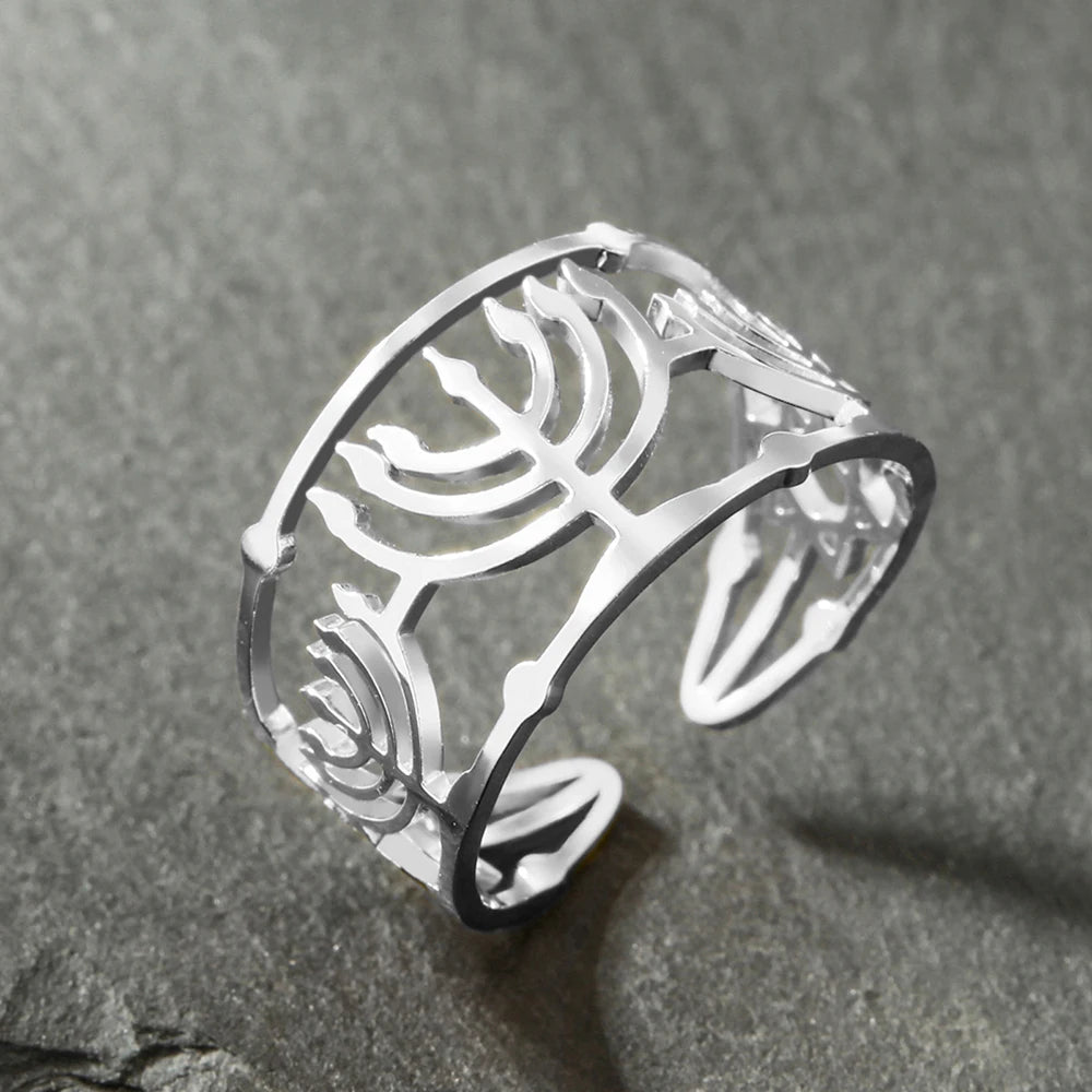 Dawapara Jewish Menorah Ring Jerusalem Symbol Hanukkah Chanukah Gift Judaic Jewelry Stainless Steel Adjustable Rings