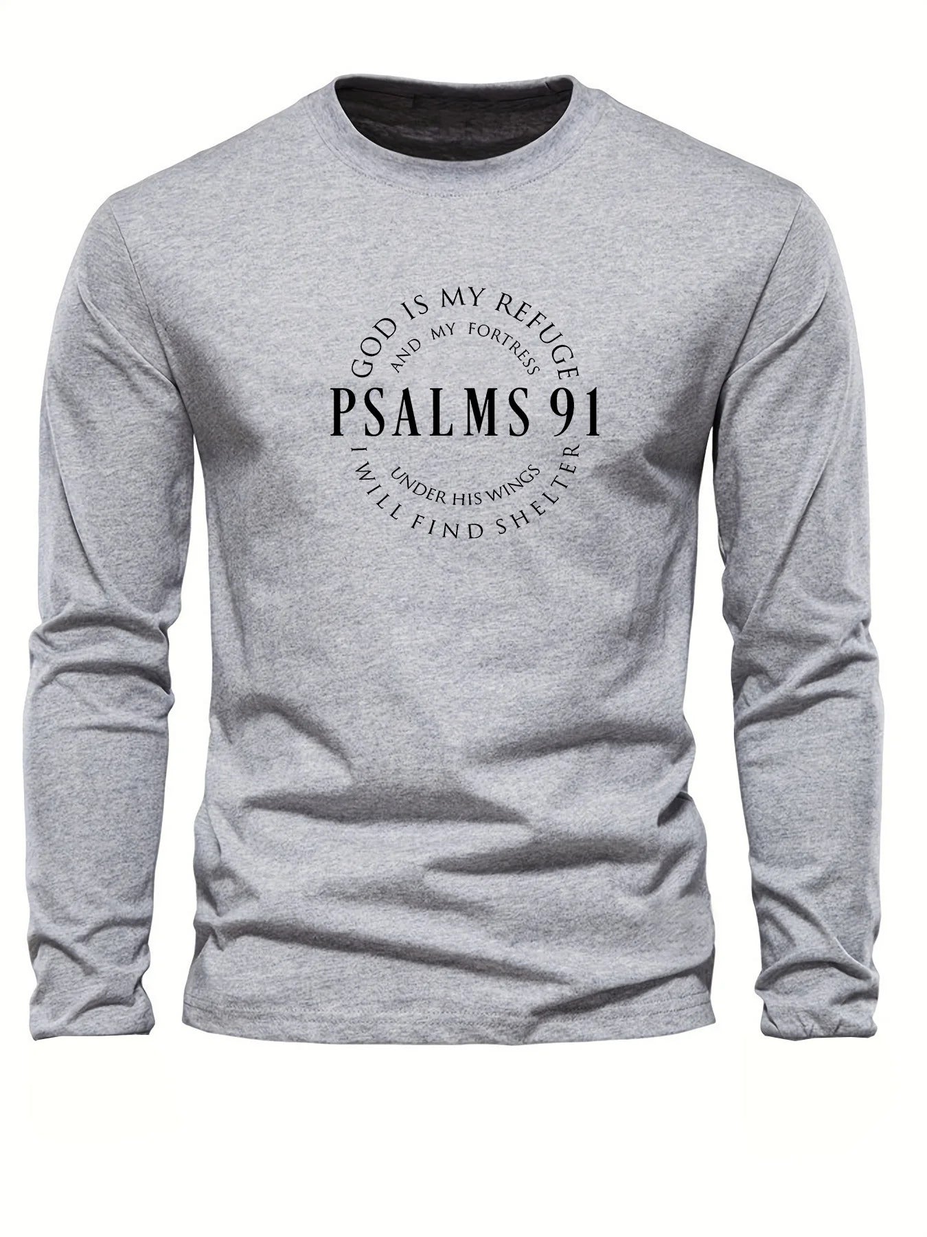 100% Pure Cotton Men's Long Sleeved Round Neck Loose Inspirational PSALMS 91 Printed Autumn and Winter Casual Versatile T-Shirt