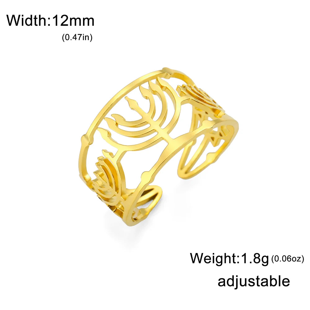 Dawapara Jewish Menorah Ring Jerusalem Symbol Hanukkah Chanukah Gift Judaic Jewelry Stainless Steel Adjustable Rings
