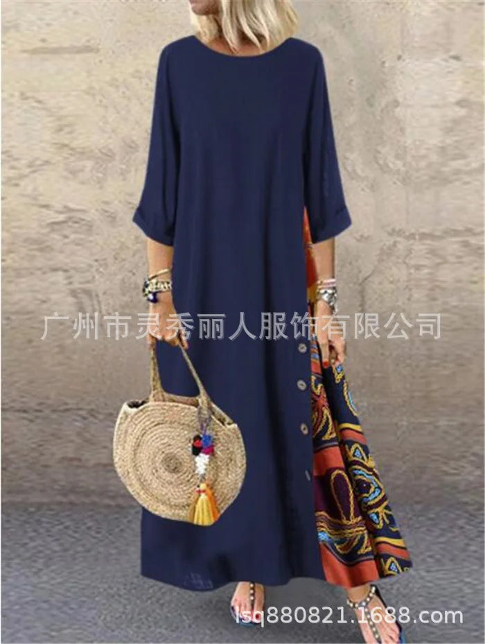 Cotton Linen Vintage Long Dresses Women Three Quarter Sleeves Splicing Print Loose A-line Dress Fashion Casual Lady Maxi Vestido