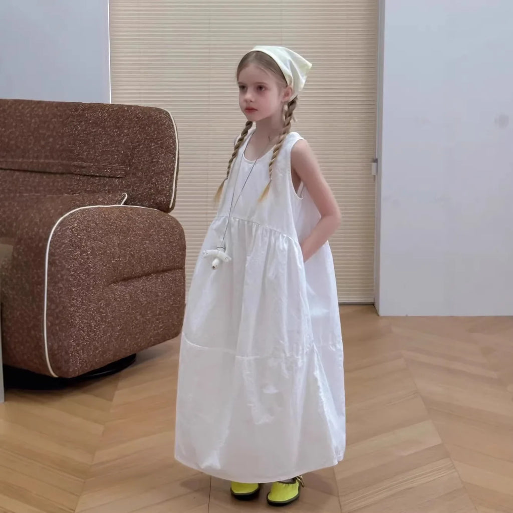 Girls White Cotton Dress 2026 Summer New Children Casual Wear Sleeveless Vest Medium and Long Dress