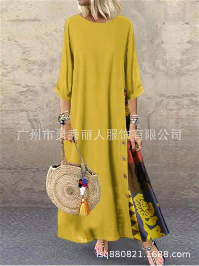 Cotton Linen Vintage Long Dresses Women Three Quarter Sleeves Splicing Print Loose A-line Dress Fashion Casual Lady Maxi Vestido
