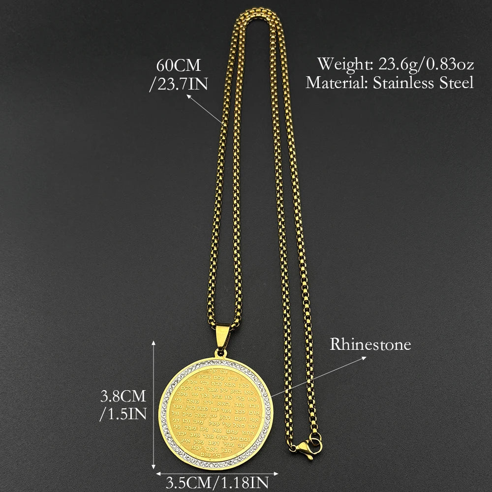 Jewish Bible Hebrew Rhinestones Pendant Necklace for Women Men Stainless Steel Gold Color Chain Prayer Scripture Jewelry Gift