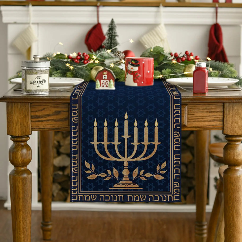Candle Menorah Hanukkah Table Runner,  Holiday Kitchen Dining Table Decoration for Home Party Decor