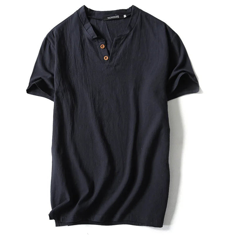 Linen Short Sleeved T-shirt for Men's Summer Vintage Cotton Linen Half Sleeved Fashionable Male Thin Linen Short Sleeved T-shirt