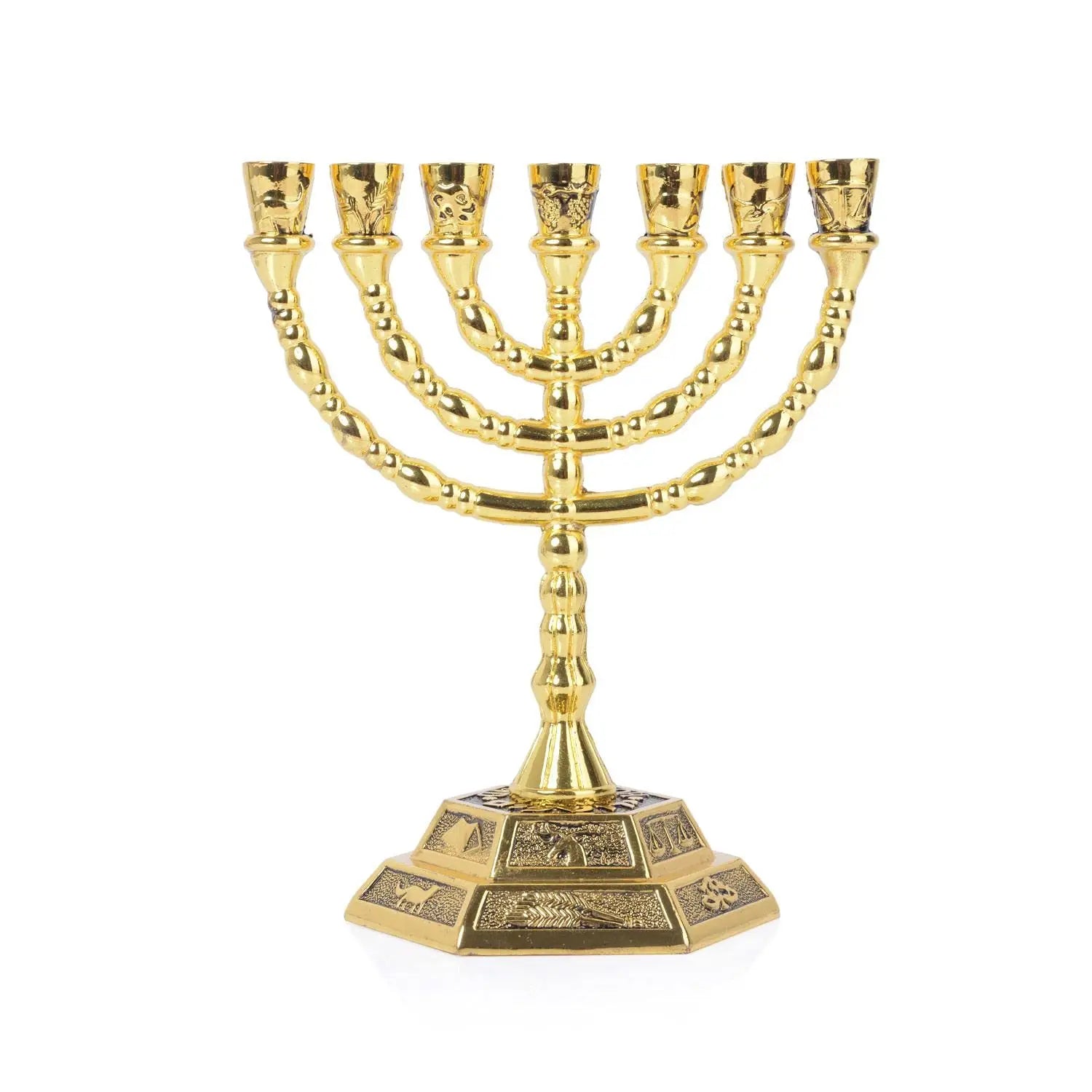 12 Tribes of Israel Menorah, Jerusalem Temple 7 Branch Jewish Candle Holder Gold