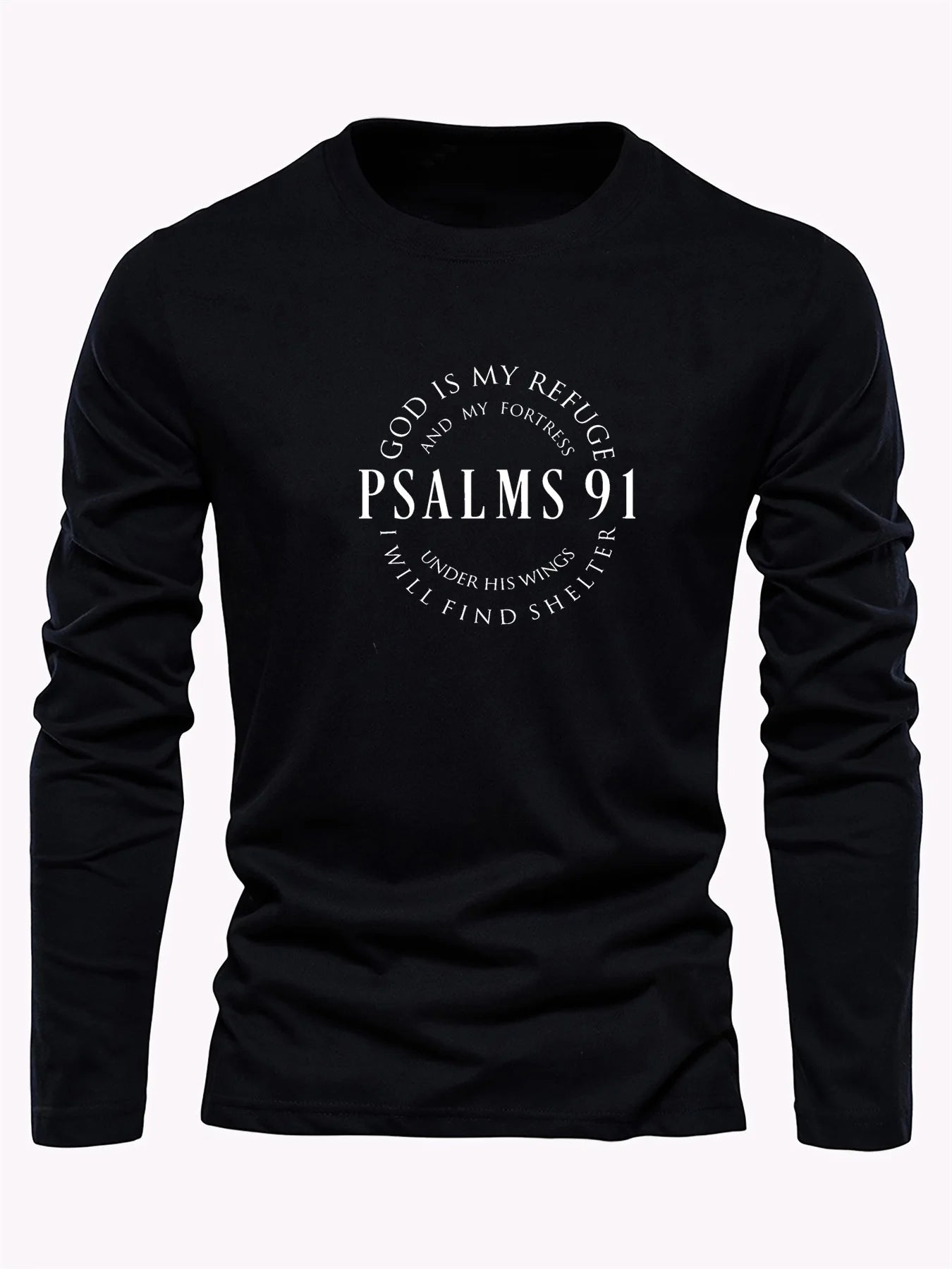 100% Pure Cotton Men's Long Sleeved Round Neck Loose Inspirational PSALMS 91 Printed Autumn and Winter Casual Versatile T-Shirt
