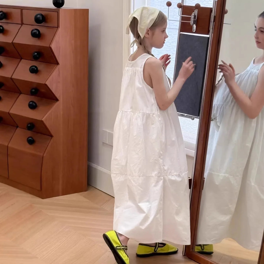Girls White Cotton Dress 2026 Summer New Children Casual Wear Sleeveless Vest Medium and Long Dress