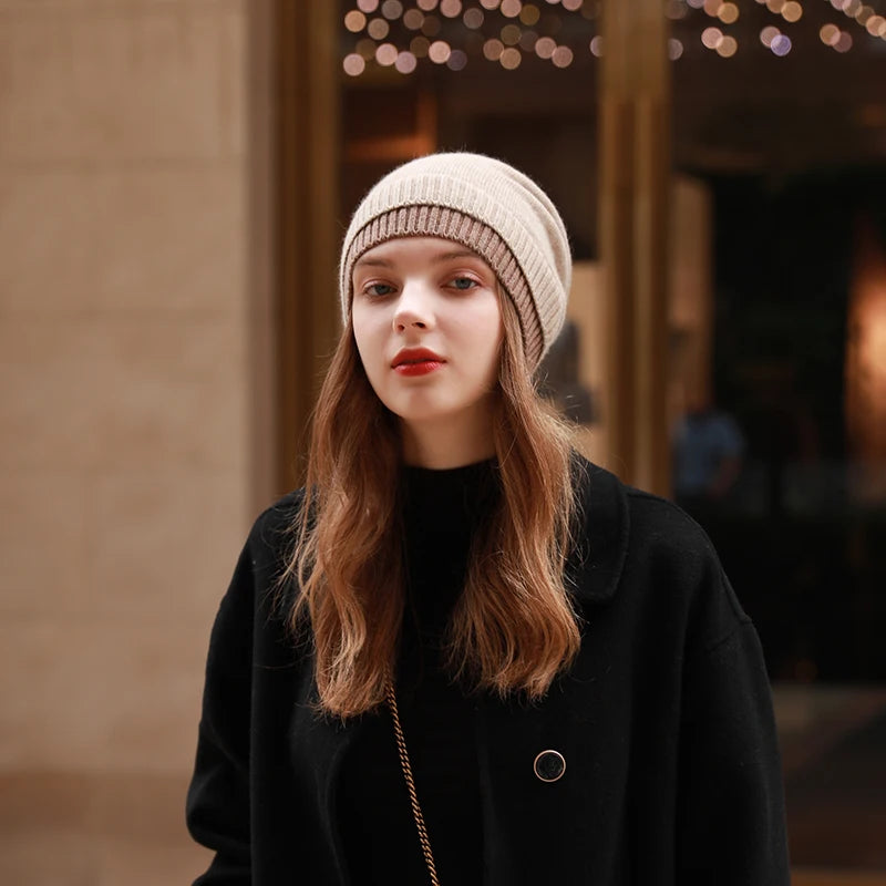 Women's 100% Wool Knitted Hat Winter Warm Windproof Fake Double Layer Korean Japanese Style Color Block Fashionable