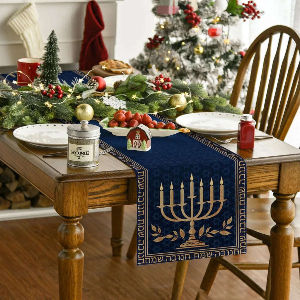 Candle Menorah Hanukkah Table Runner,  Holiday Kitchen Dining Table Decoration for Home Party Decor
