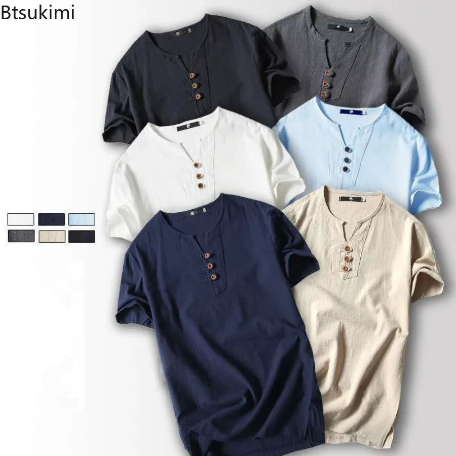 Linen Short Sleeved T-shirt for Men's Summer Vintage Cotton Linen Half Sleeved Fashionable Male Thin Linen Short Sleeved T-shirt