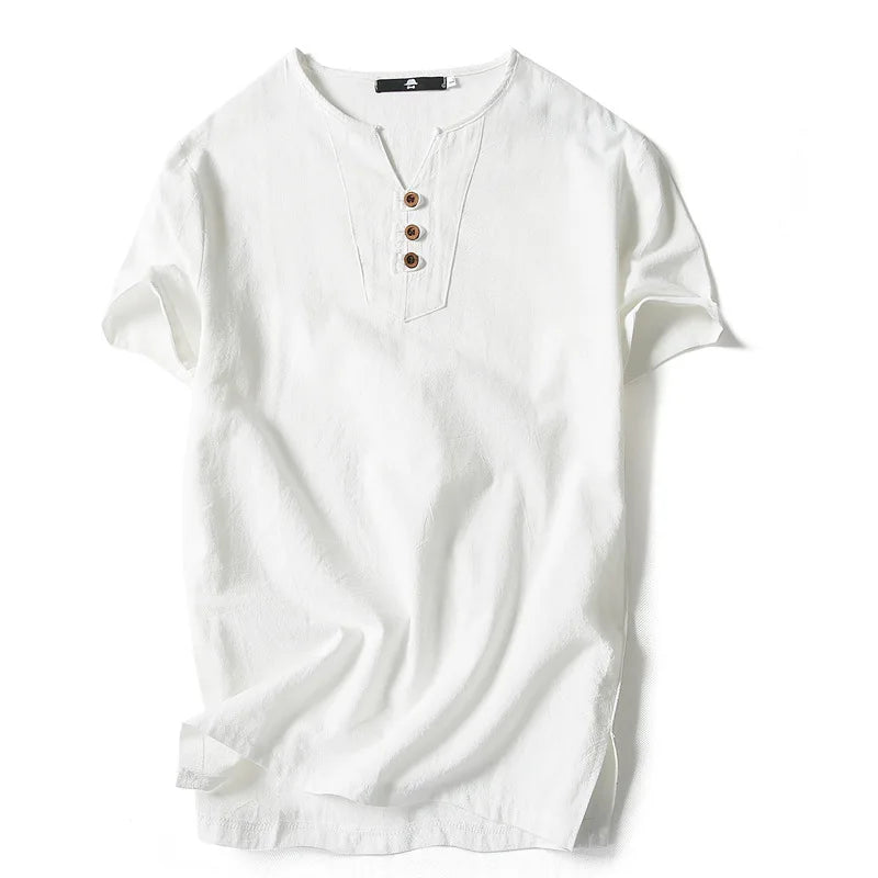 Linen Short Sleeved T-shirt for Men's Summer Vintage Cotton Linen Half Sleeved Fashionable Male Thin Linen Short Sleeved T-shirt