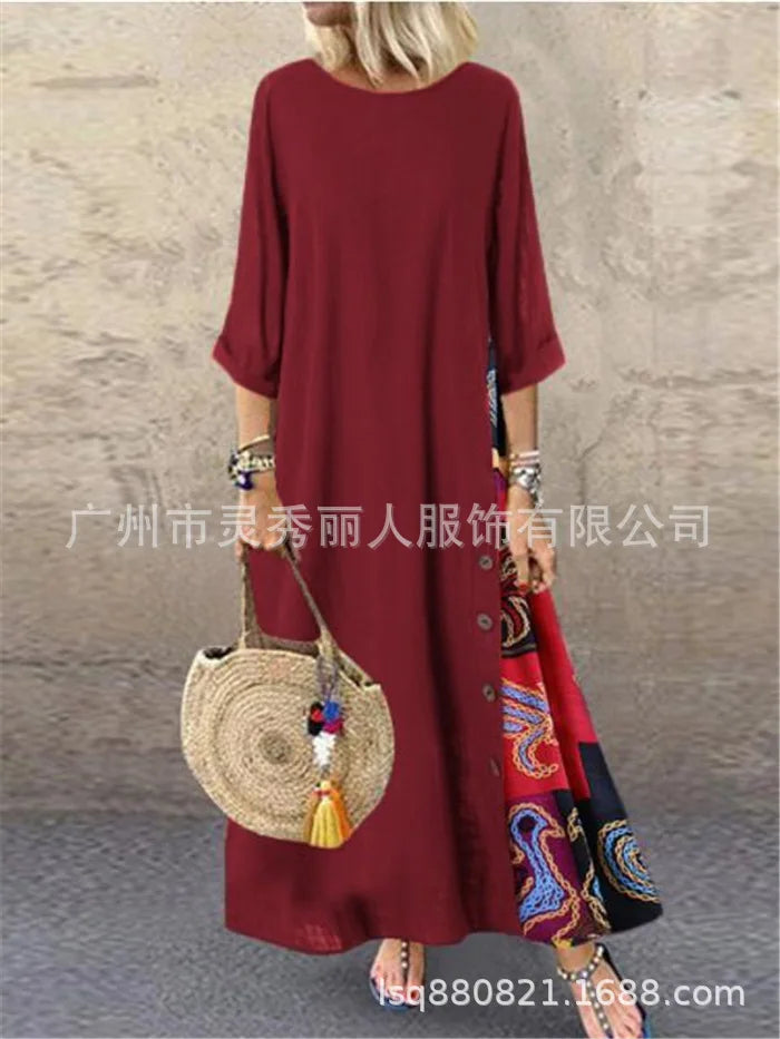 Cotton Linen Vintage Long Dresses Women Three Quarter Sleeves Splicing Print Loose A-line Dress Fashion Casual Lady Maxi Vestido