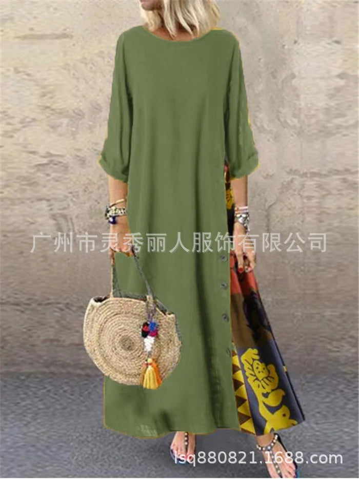 Cotton Linen Vintage Long Dresses Women Three Quarter Sleeves Splicing Print Loose A-line Dress Fashion Casual Lady Maxi Vestido