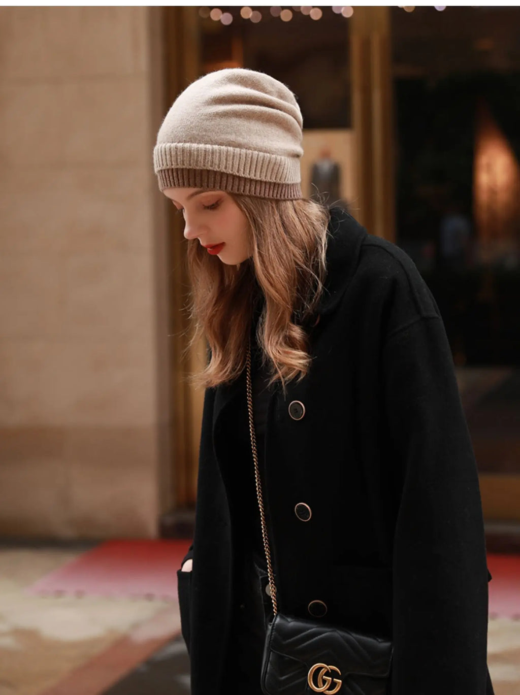 Women's 100% Wool Knitted Hat Winter Warm Windproof Fake Double Layer Korean Japanese Style Color Block Fashionable