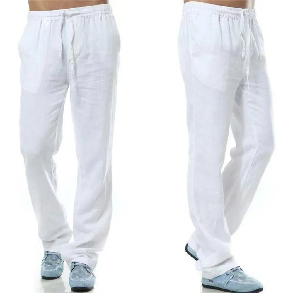 2025 New Men's Linen Pants Sweatwear Solid Color Breathable Trousers Cotton Fitness Lightweight Casual Summer Men Beach Pants