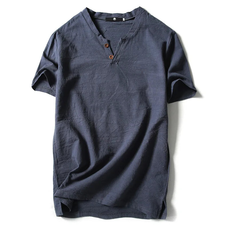 Linen Short Sleeved T-shirt for Men's Summer Vintage Cotton Linen Half Sleeved Fashionable Male Thin Linen Short Sleeved T-shirt