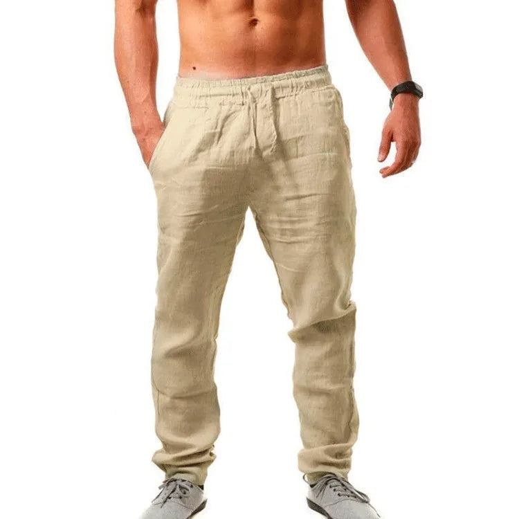 2025 New Men's Linen Pants Sweatwear Solid Color Breathable Trousers Cotton Fitness Lightweight Casual Summer Men Beach Pants