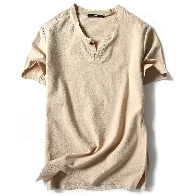Linen Short Sleeved T-shirt for Men's Summer Vintage Cotton Linen Half Sleeved Fashionable Male Thin Linen Short Sleeved T-shirt