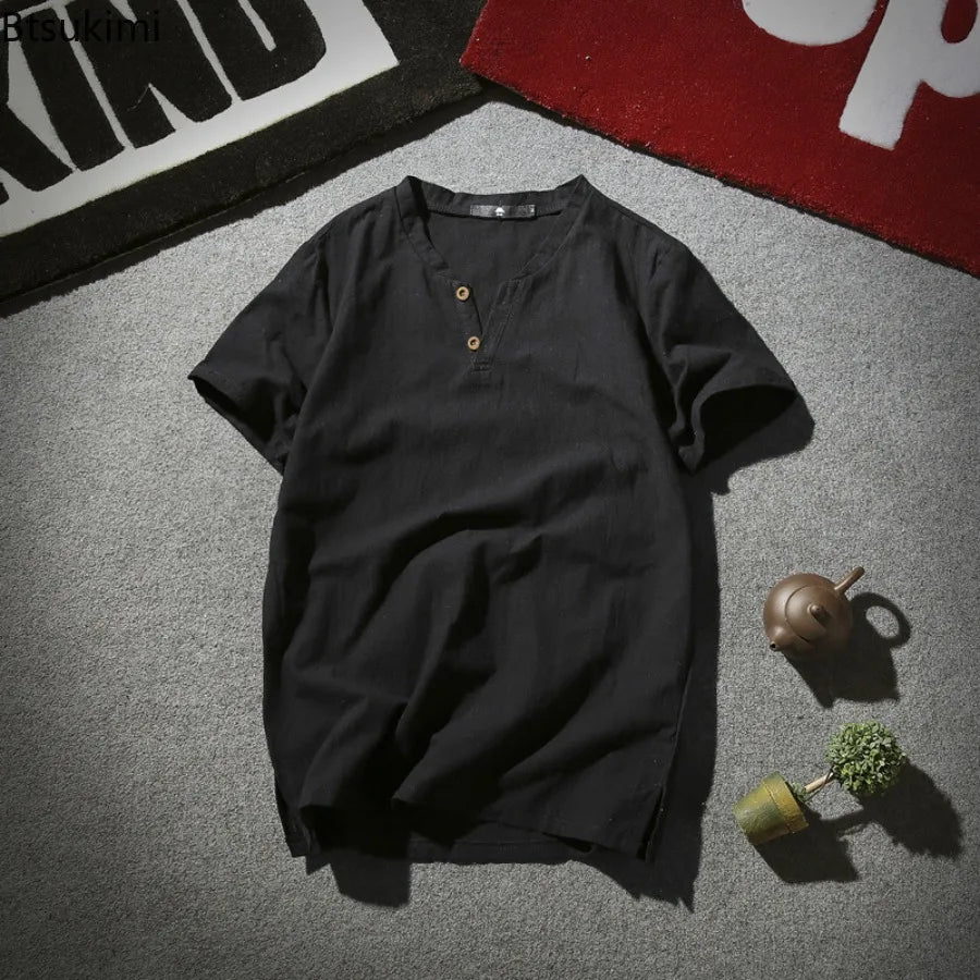Linen Short Sleeved T-shirt for Men's Summer Vintage Cotton Linen Half Sleeved Fashionable Male Thin Linen Short Sleeved T-shirt
