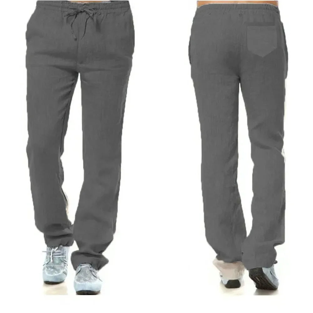 2025 New Men's Linen Pants Sweatwear Solid Color Breathable Trousers Cotton Fitness Lightweight Casual Summer Men Beach Pants