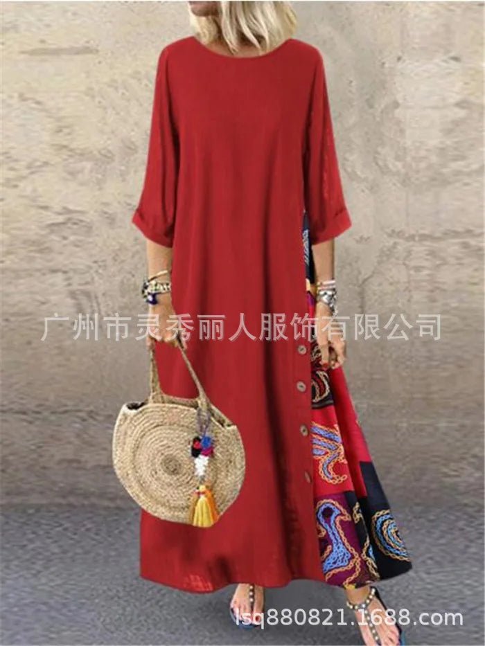 Cotton Linen Vintage Long Dresses Women Three Quarter Sleeves Splicing Print Loose A-line Dress Fashion Casual Lady Maxi Vestido