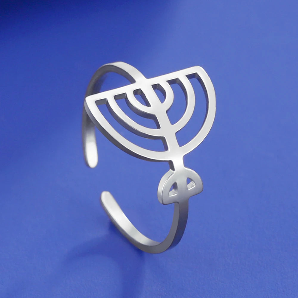 Dawapara Jewish Menorah Ring Jerusalem Symbol Hanukkah Chanukah Gift Judaic Jewelry Stainless Steel Adjustable Rings