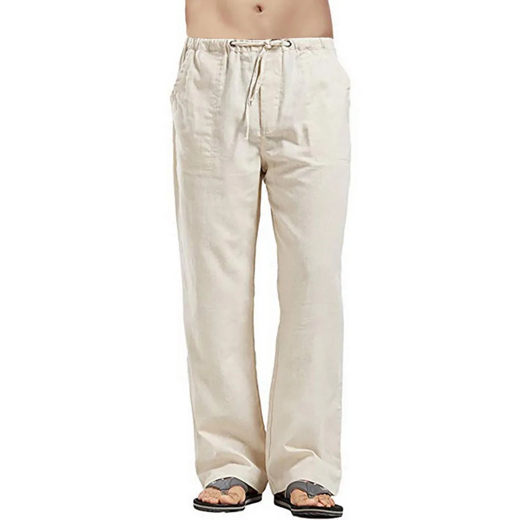 2025 New Men's Linen Pants Sweatwear Solid Color Breathable Trousers Cotton Fitness Lightweight Casual Summer Men Beach Pants