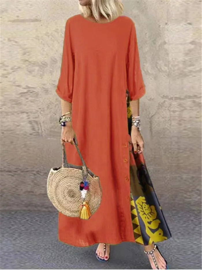 Cotton Linen Vintage Long Dresses Women Three Quarter Sleeves Splicing Print Loose A-line Dress Fashion Casual Lady Maxi Vestido