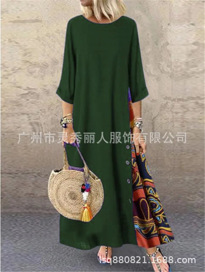 Cotton Linen Vintage Long Dresses Women Three Quarter Sleeves Splicing Print Loose A-line Dress Fashion Casual Lady Maxi Vestido