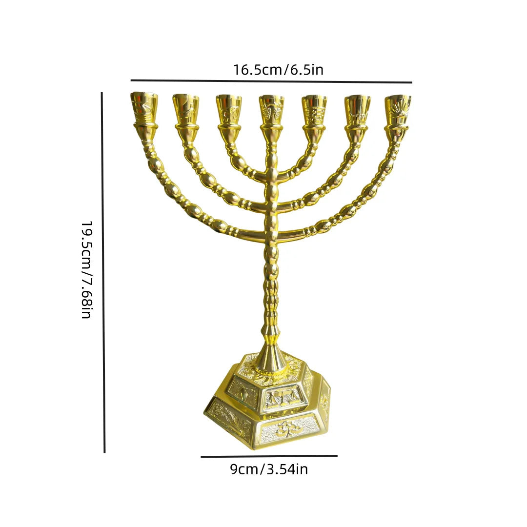 12 Tribes of Israel Menorah, Jerusalem Temple 7 Branch Jewish Candle Holder Gold