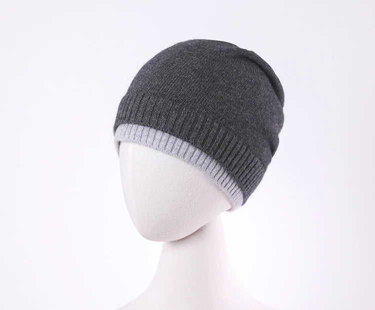 Women's 100% Wool Knitted Hat Winter Warm Windproof Fake Double Layer Korean Japanese Style Color Block Fashionable