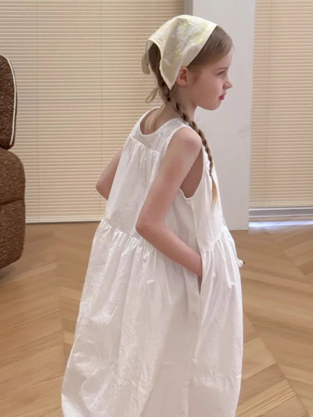 Girls White Cotton Dress 2026 Summer New Children Casual Wear Sleeveless Vest Medium and Long Dress