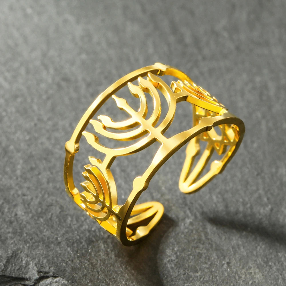 Dawapara Jewish Menorah Ring Jerusalem Symbol Hanukkah Chanukah Gift Judaic Jewelry Stainless Steel Adjustable Rings