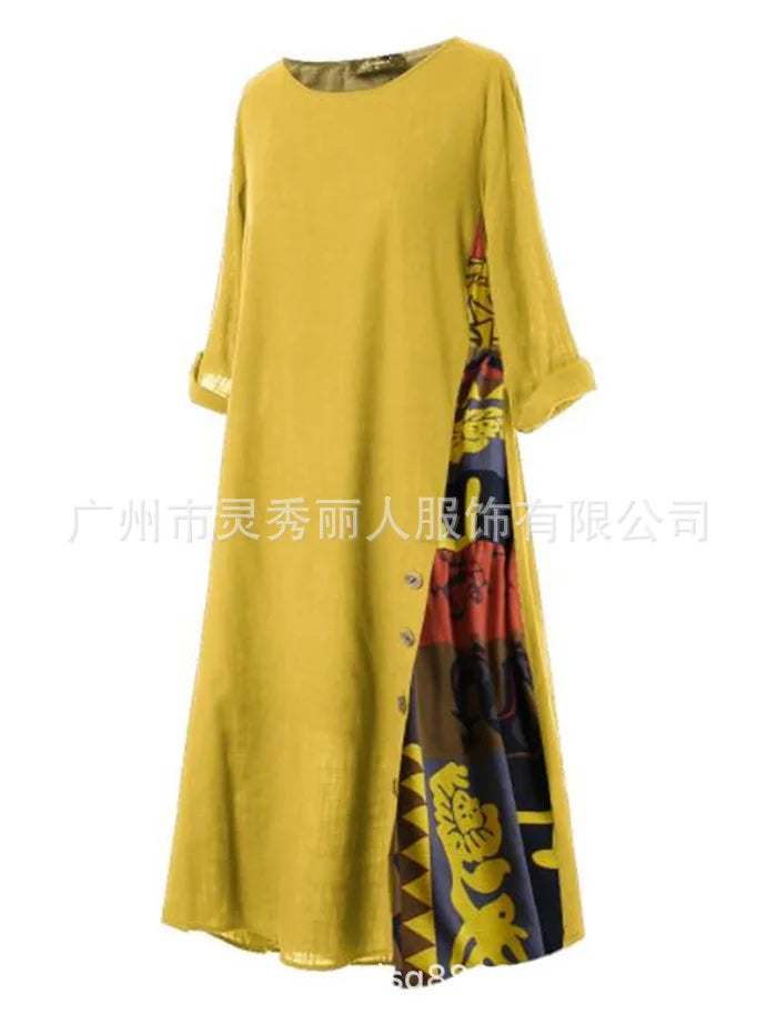 Cotton Linen Vintage Long Dresses Women Three Quarter Sleeves Splicing Print Loose A-line Dress Fashion Casual Lady Maxi Vestido