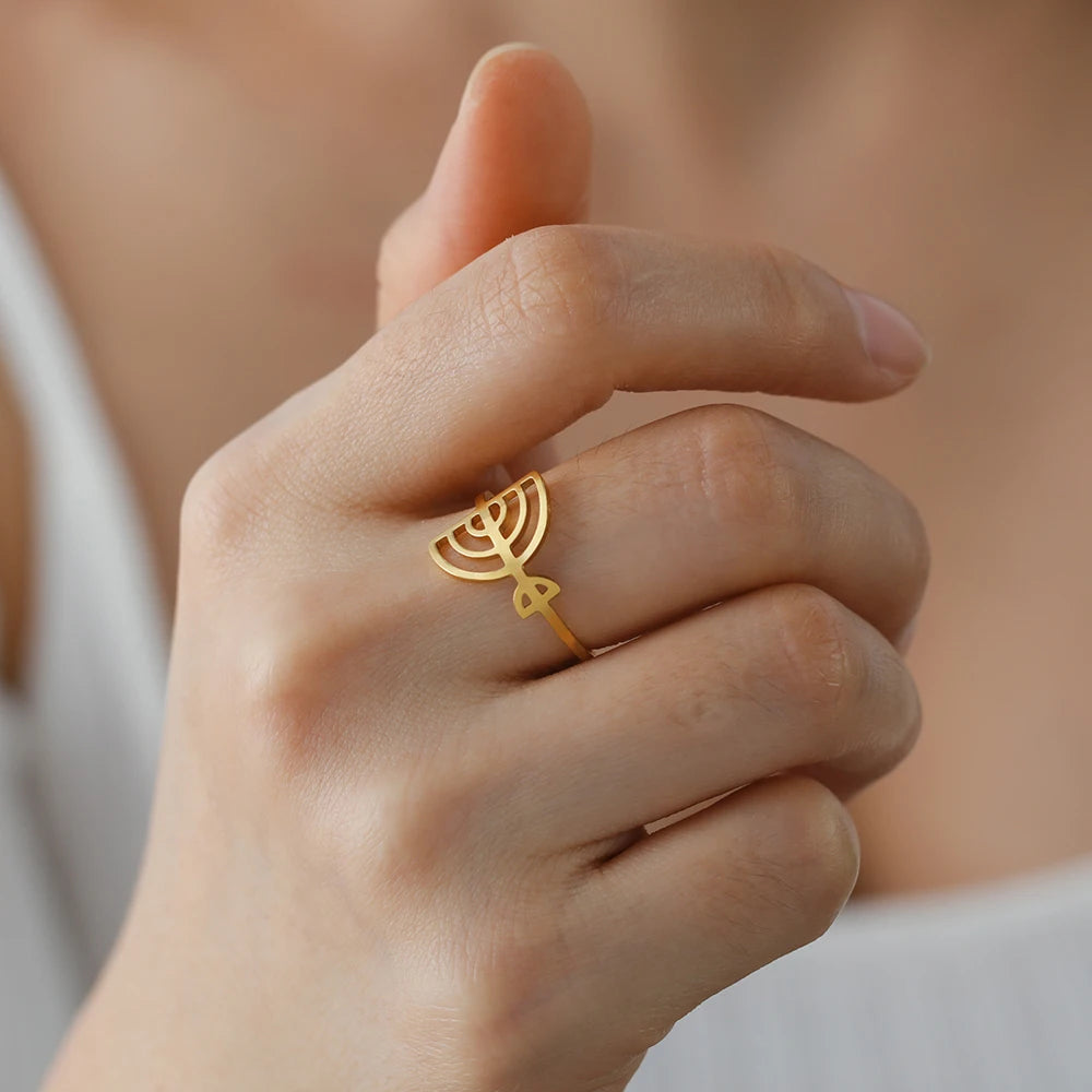 Dawapara Jewish Menorah Ring Jerusalem Symbol Hanukkah Chanukah Gift Judaic Jewelry Stainless Steel Adjustable Rings