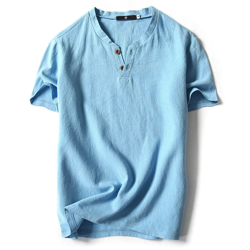 Linen Short Sleeved T-shirt for Men's Summer Vintage Cotton Linen Half Sleeved Fashionable Male Thin Linen Short Sleeved T-shirt