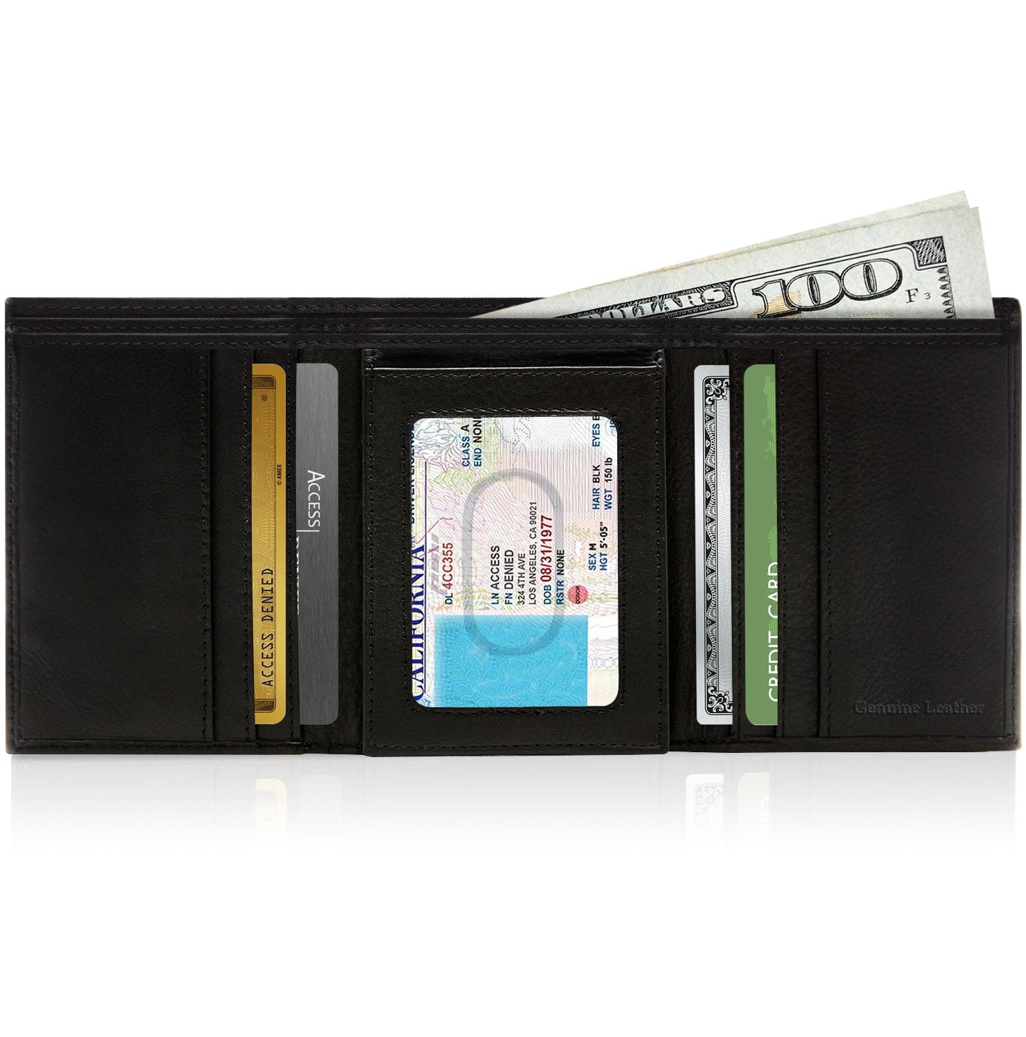 Genuine Leather Trifold Wallet – Flip-Up Dual ID Windows, RFID Blocking